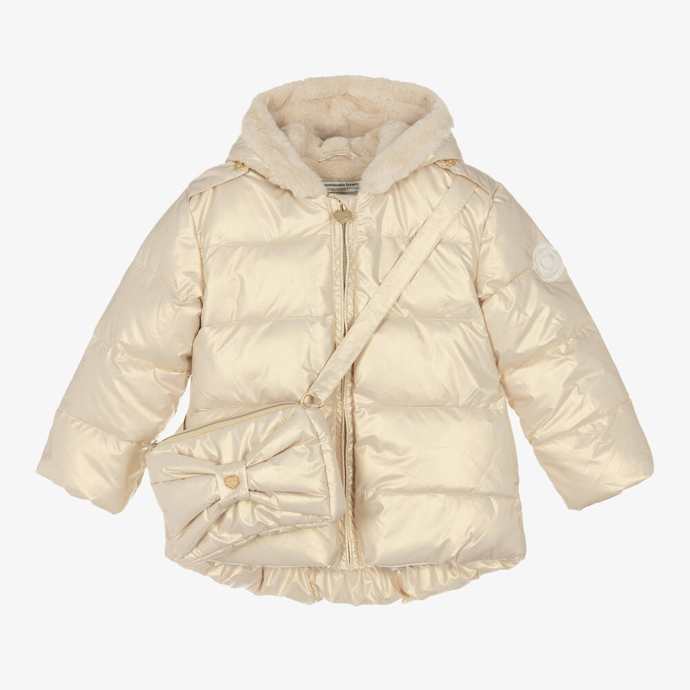 Le Chic - Gold Metallic Hooded Puffer Coat & Bag | Childrensalon