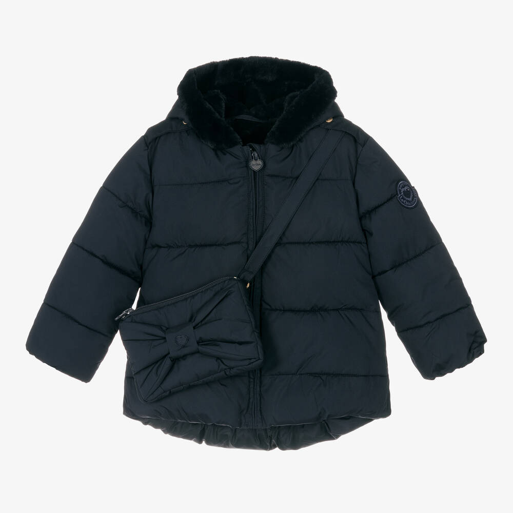 Le Chic - Navy Blue Hooded Puffer Coat & Bag | Childrensalon