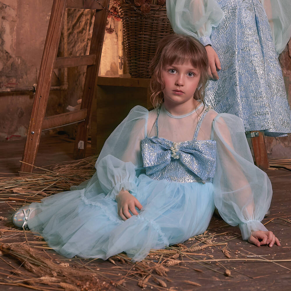 Le Mu - Girls Blue Brocade & Tulle Dress | Childrensalon