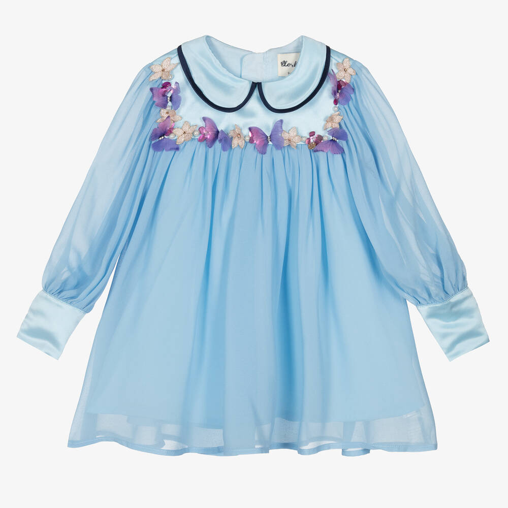 Le Mu - Girls Blue Chiffon Butterfly Dress | Childrensalon