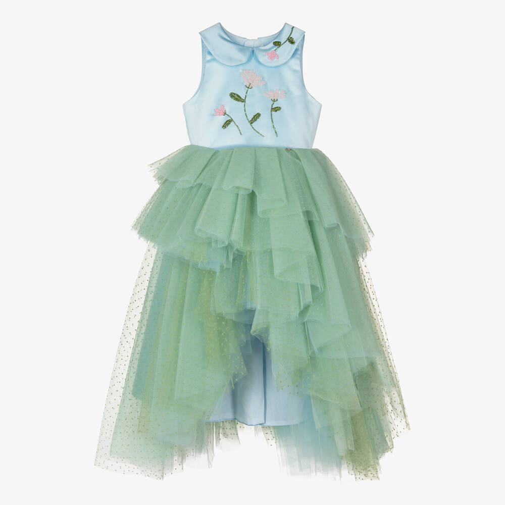 Le Mu - Girls Blue & Green Tulle Waterfall Dress | Childrensalon