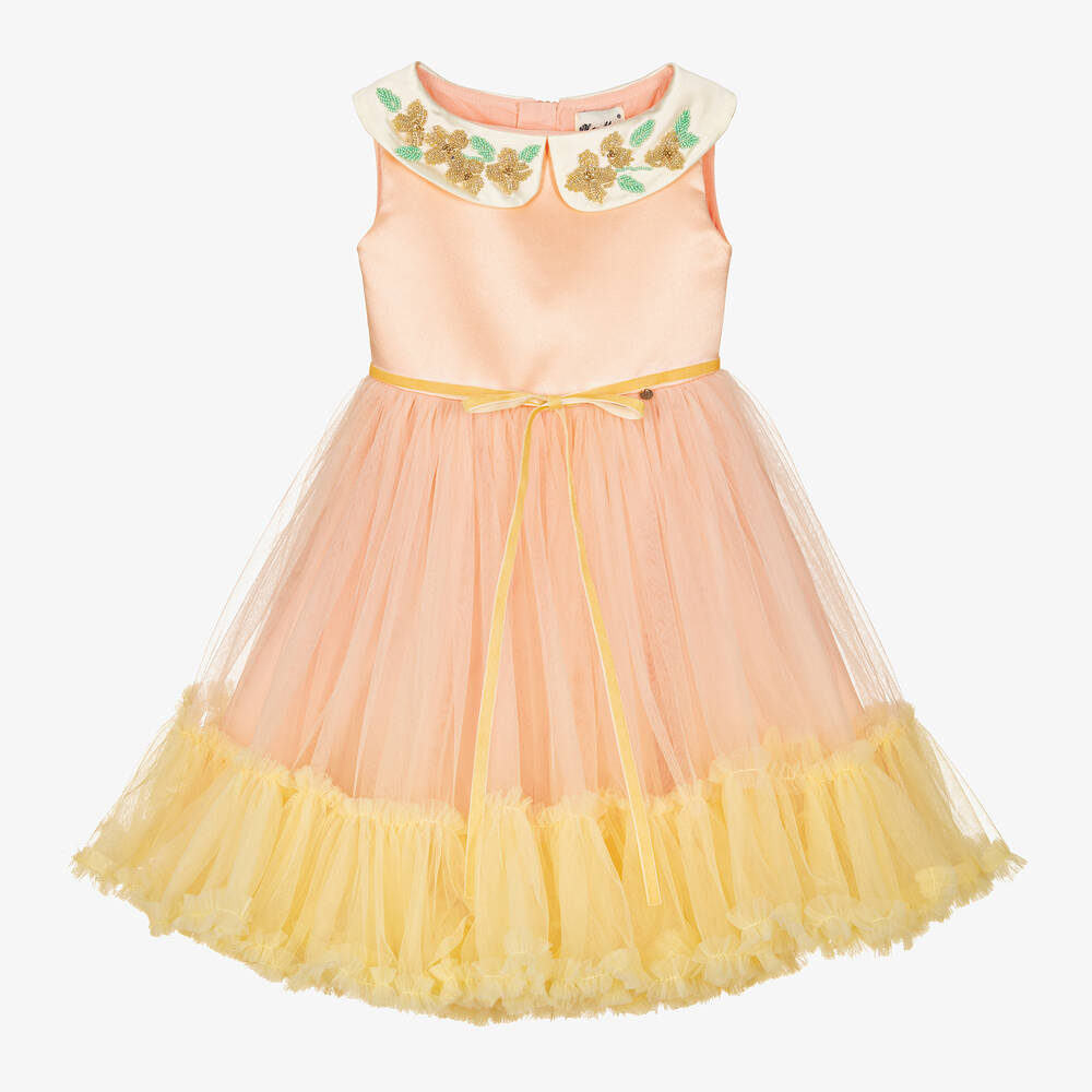 Le Mu - Girls Coral Pink Satin & Tulle Dress | Childrensalon