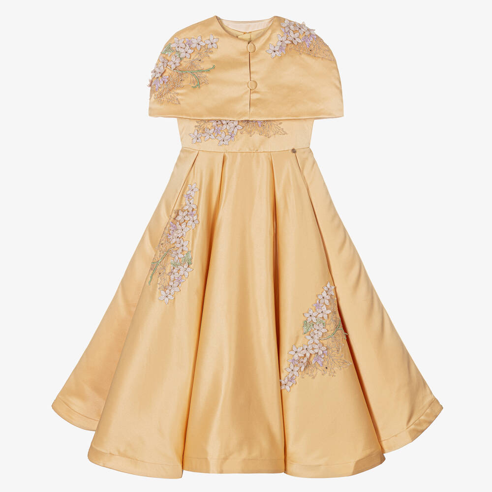 Le Mu - Girls Gold Taffeta Floral Dress  | Childrensalon