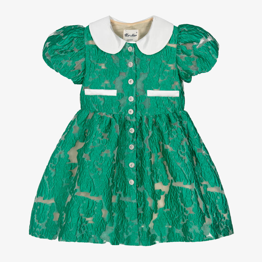 Le Mu - Girls Green Jacquard Organza Dress | Childrensalon