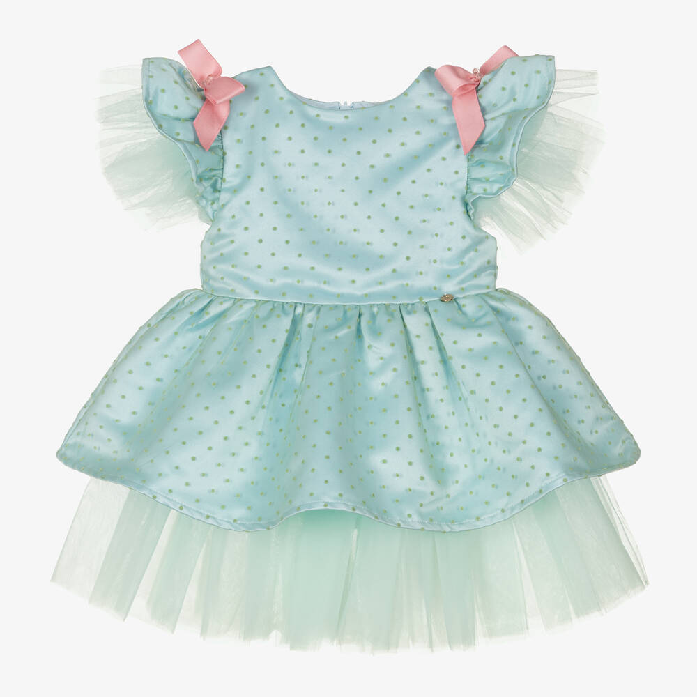 Le Mu - Girls Green Polka Dot Tulle Dress | Childrensalon
