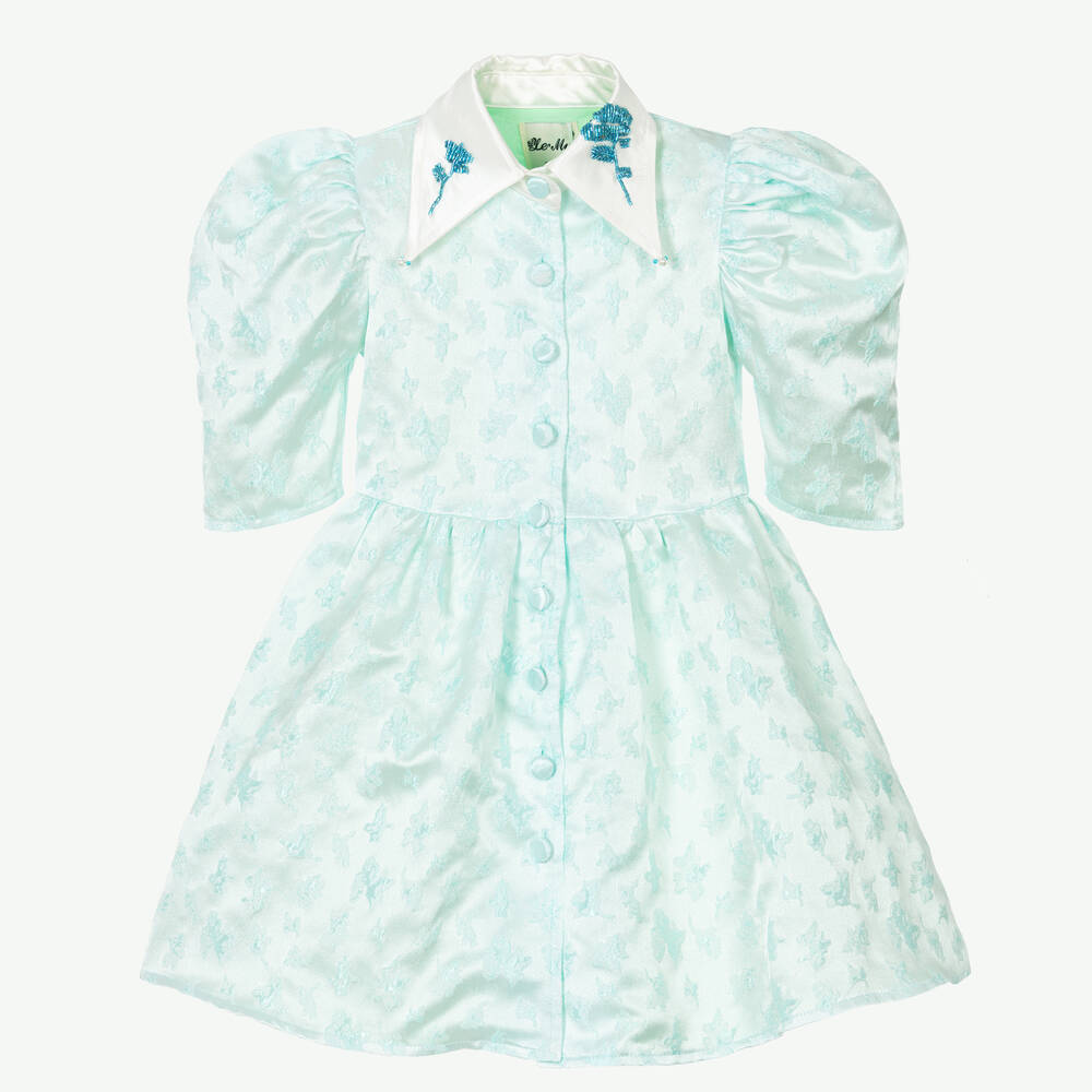 Le Mu - Girls Mint Green Satin Jacquard Dress | Childrensalon