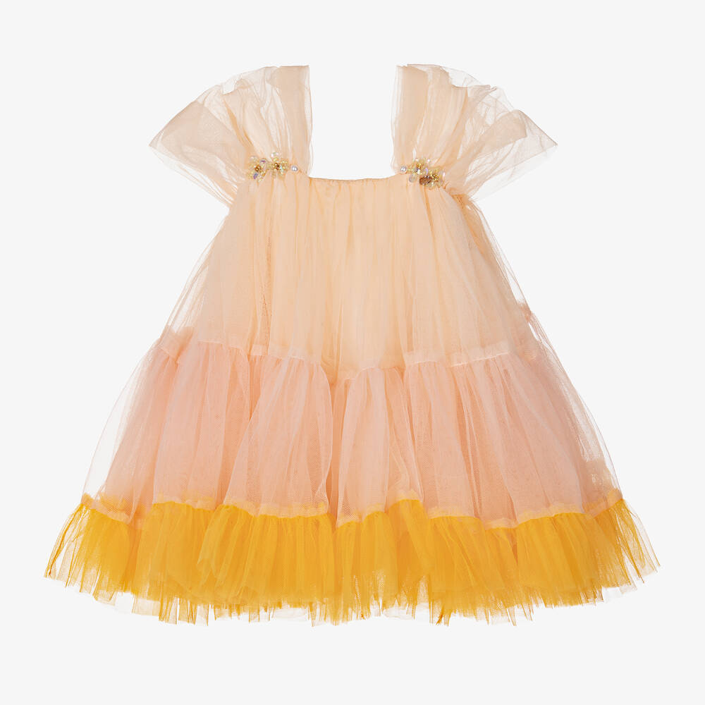 Le Mu - Girls Orange & Yellow Tulle Dress | Childrensalon