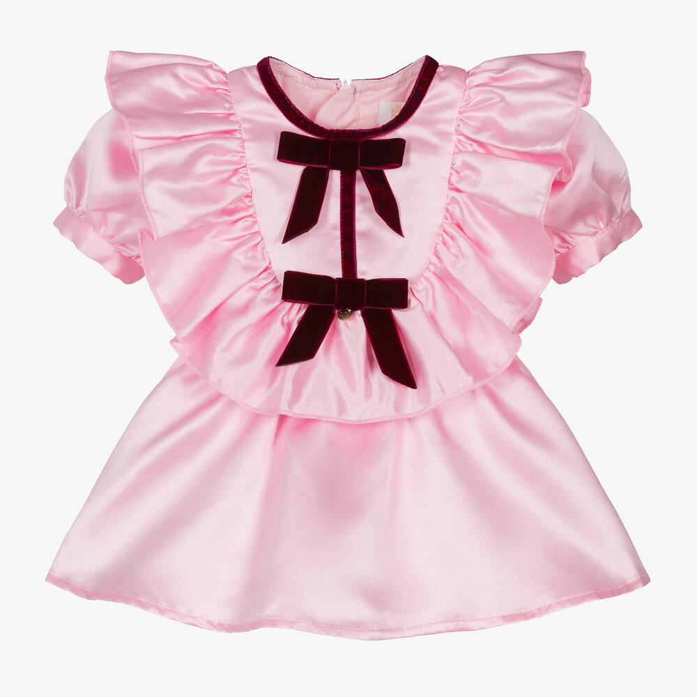 Le Mu - Girls Pink Satin Dress | Childrensalon