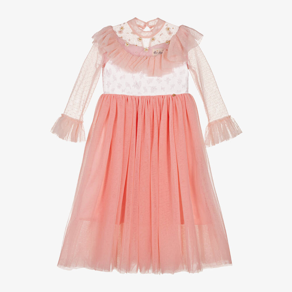 Le Mu - Girls Pink Tulle Frilled Dress | Childrensalon