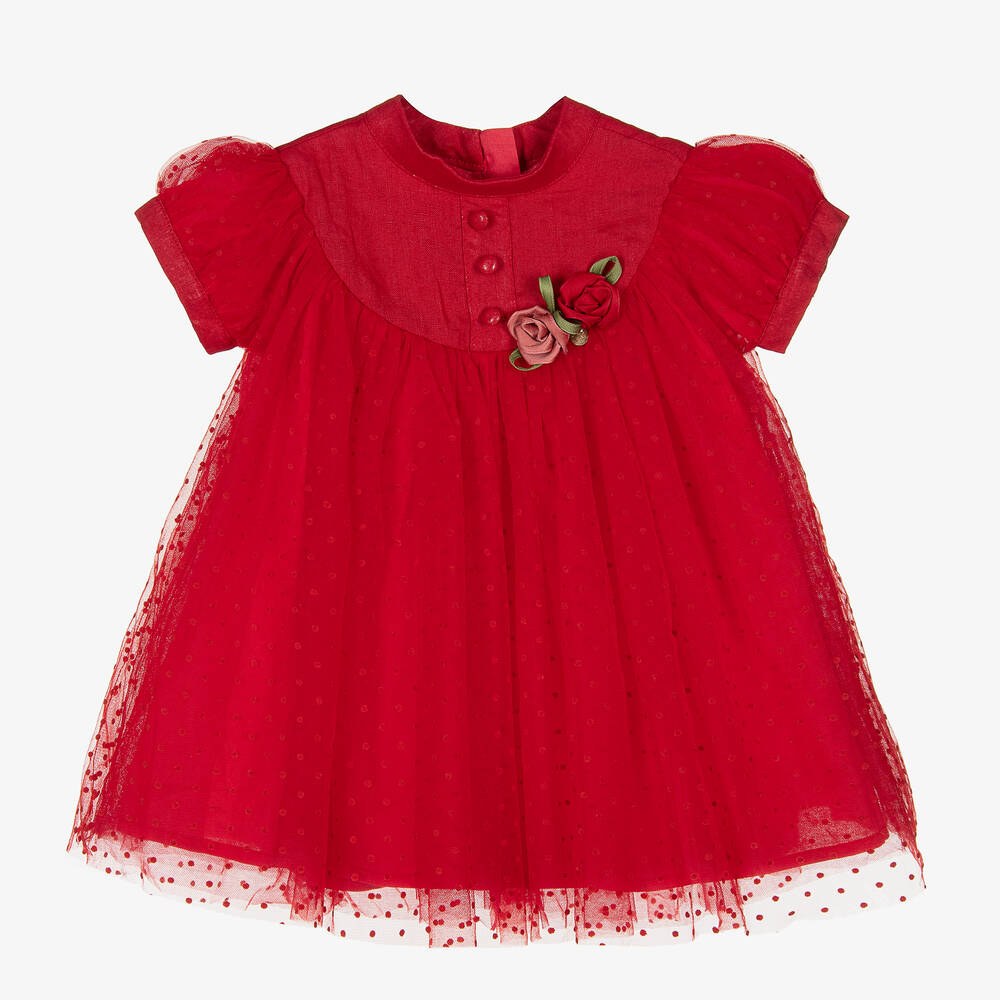 Le Mu - Girls Red Dotted Tulle Dress | Childrensalon
