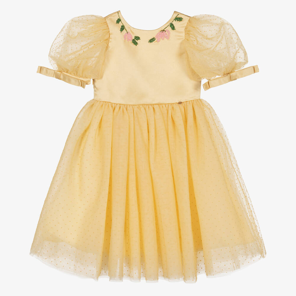 Le Mu - Robe jaune en tulle à pois fille | Childrensalon