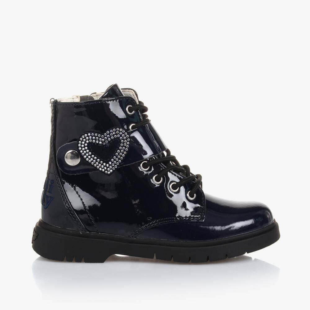 LELLI KELLY GIRLS NAVY BLUE FAUX PATENT LEATHER BOOTS