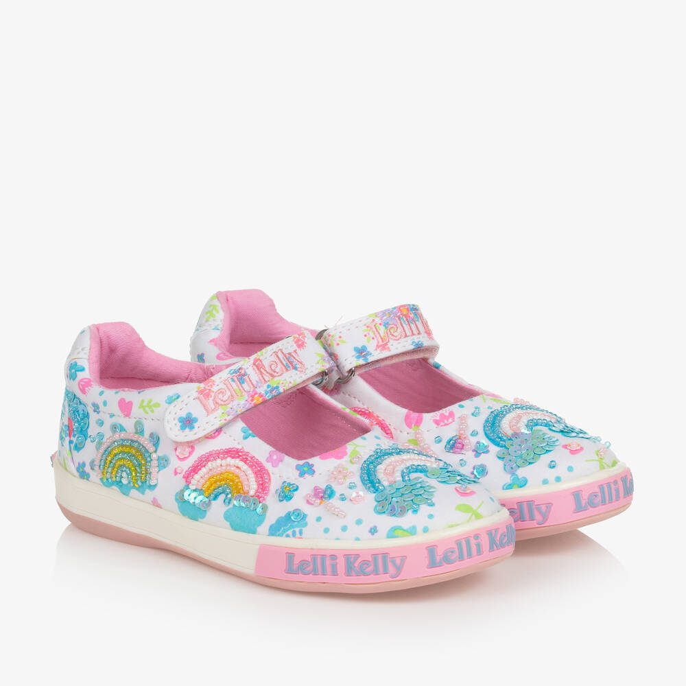 Lelli Kelly - Girls White Beaded Rainbow Bar Shoes | Childrensalon