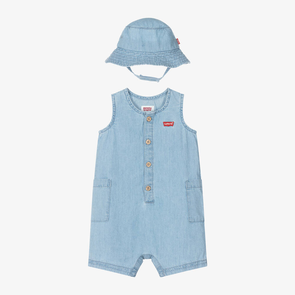 Levi's Blue Chambray Babysuit & Hat Set