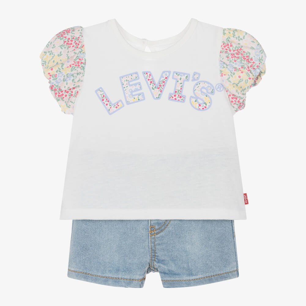 Levi's - Girls Blue Floral Denim Shorts Set | Childrensalon