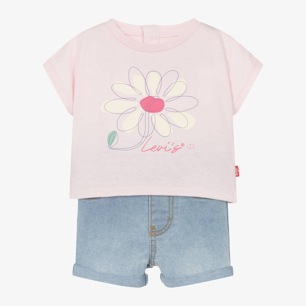 Levi's - Girls Pink Floral Cotton Shorts Set | Childrensalon