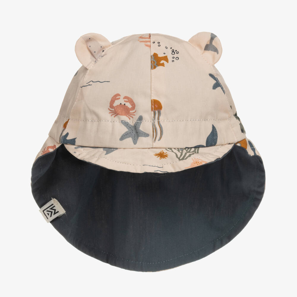 Liewood - قبعة للشمس بوجهين قطن عضوي لون بيج وأزرق  | Childrensalon