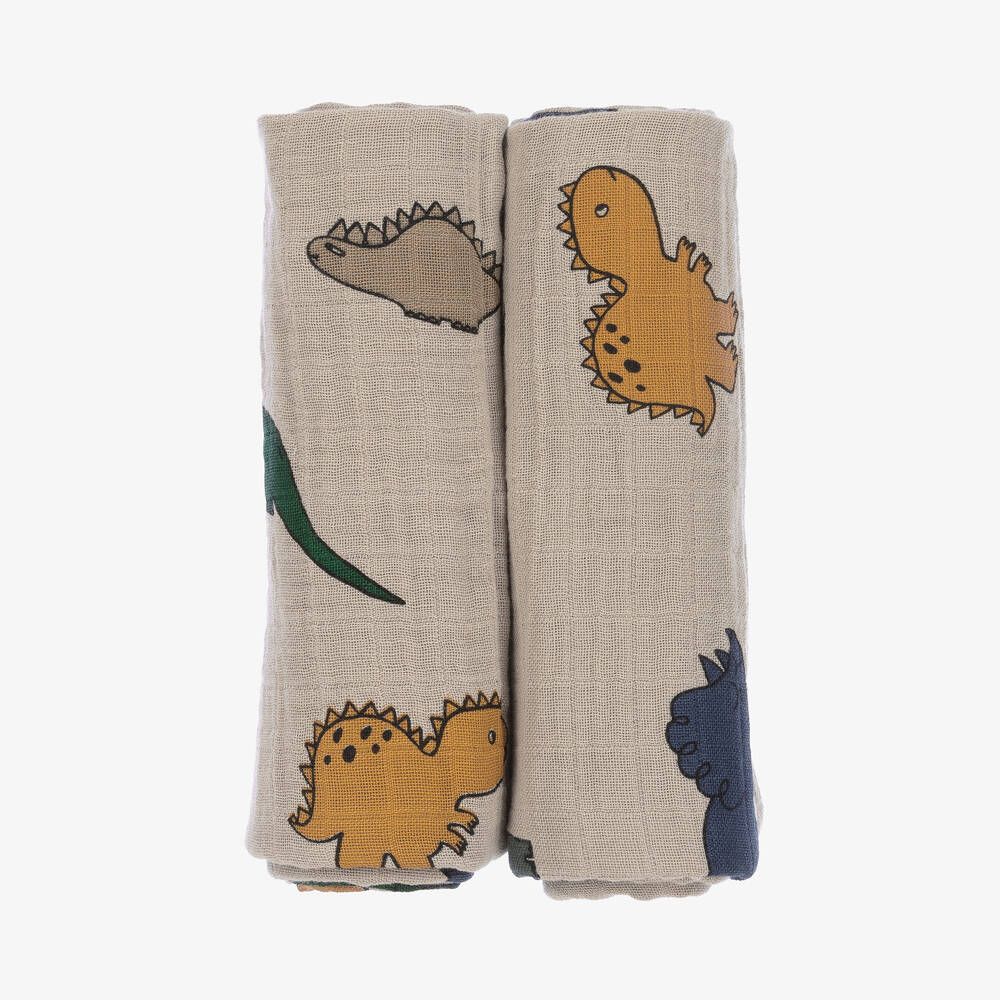 Liewood - Beige Organic Cotton Dinosaur Muslins (2 Pack) | Childrensalon