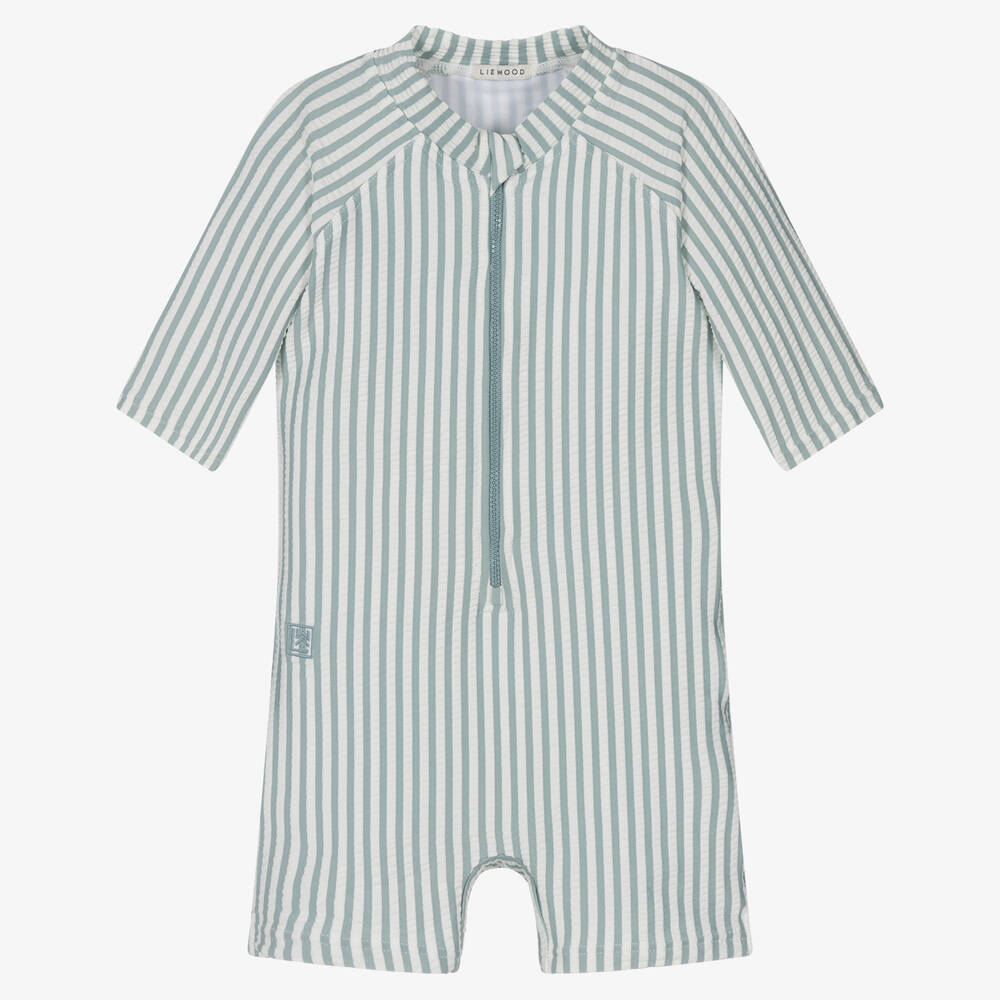 Liewood - Blue Seersucker Stripe Sun Suit (UPF40+) | Childrensalon