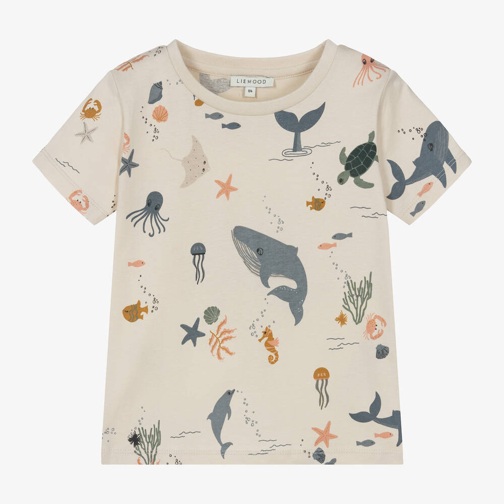Liewood - T-shirt imprimé sea creature en coton beige garçon | Childrensalon