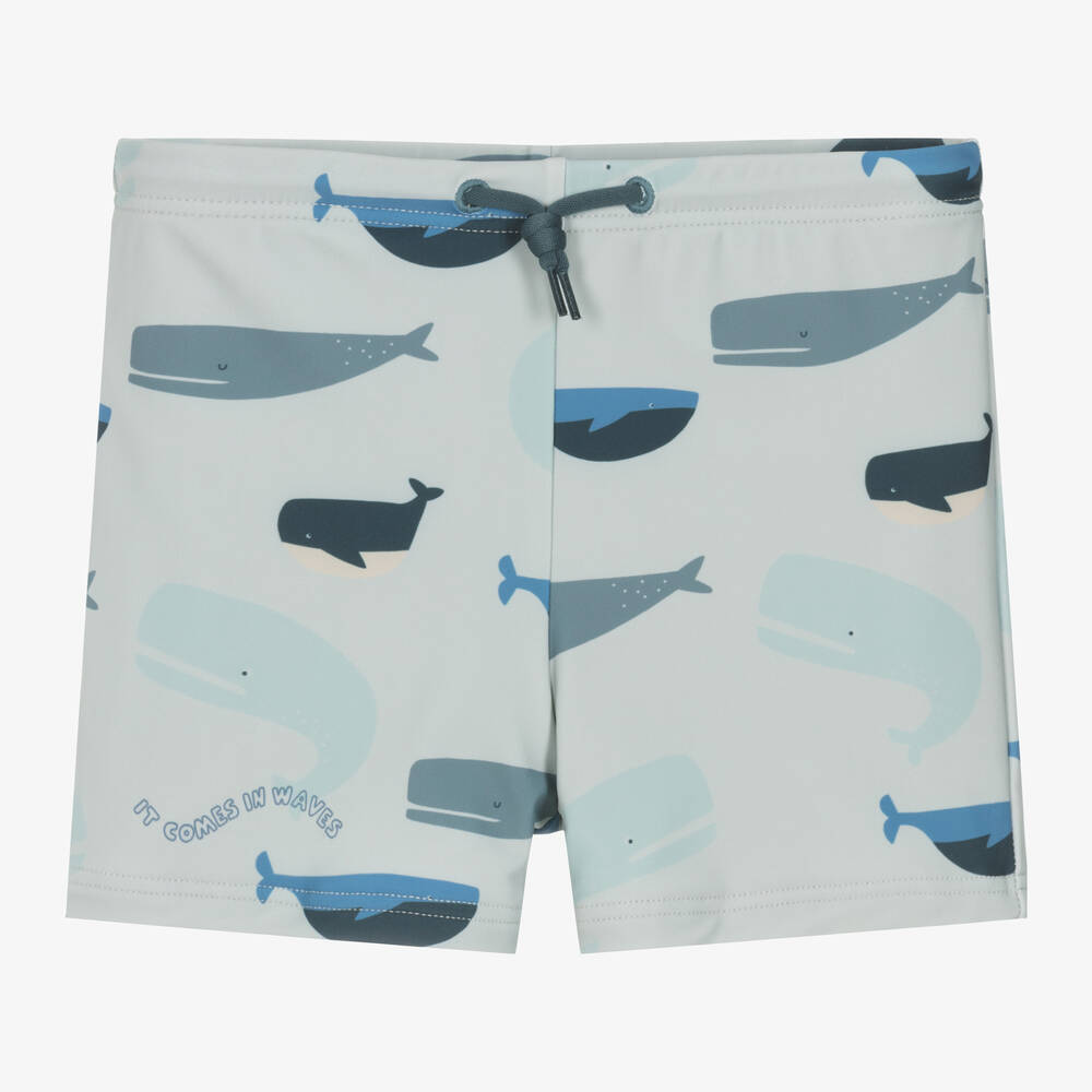 Shop Liewood Boys Blue Whale Print Swim Shorts (upf40+)