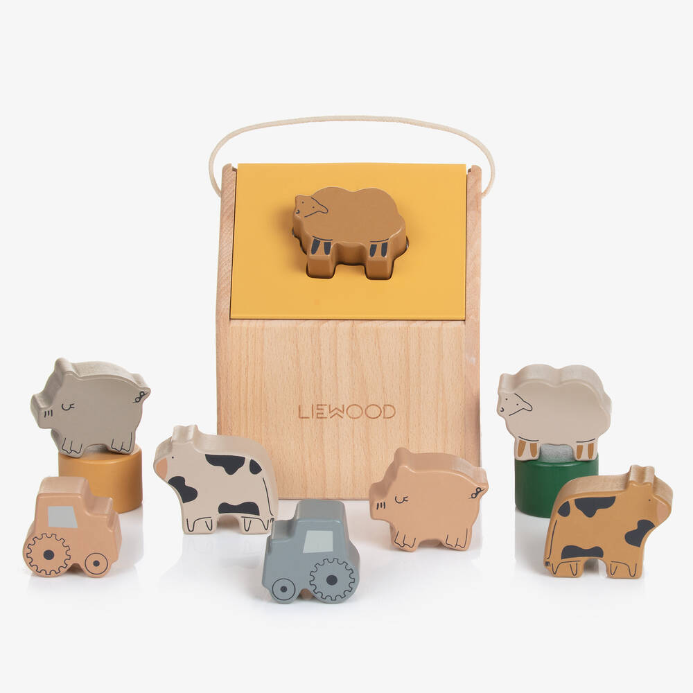 Liewood - Brown Wooden Farm Animals Shape Sorter (16cm) | Childrensalon