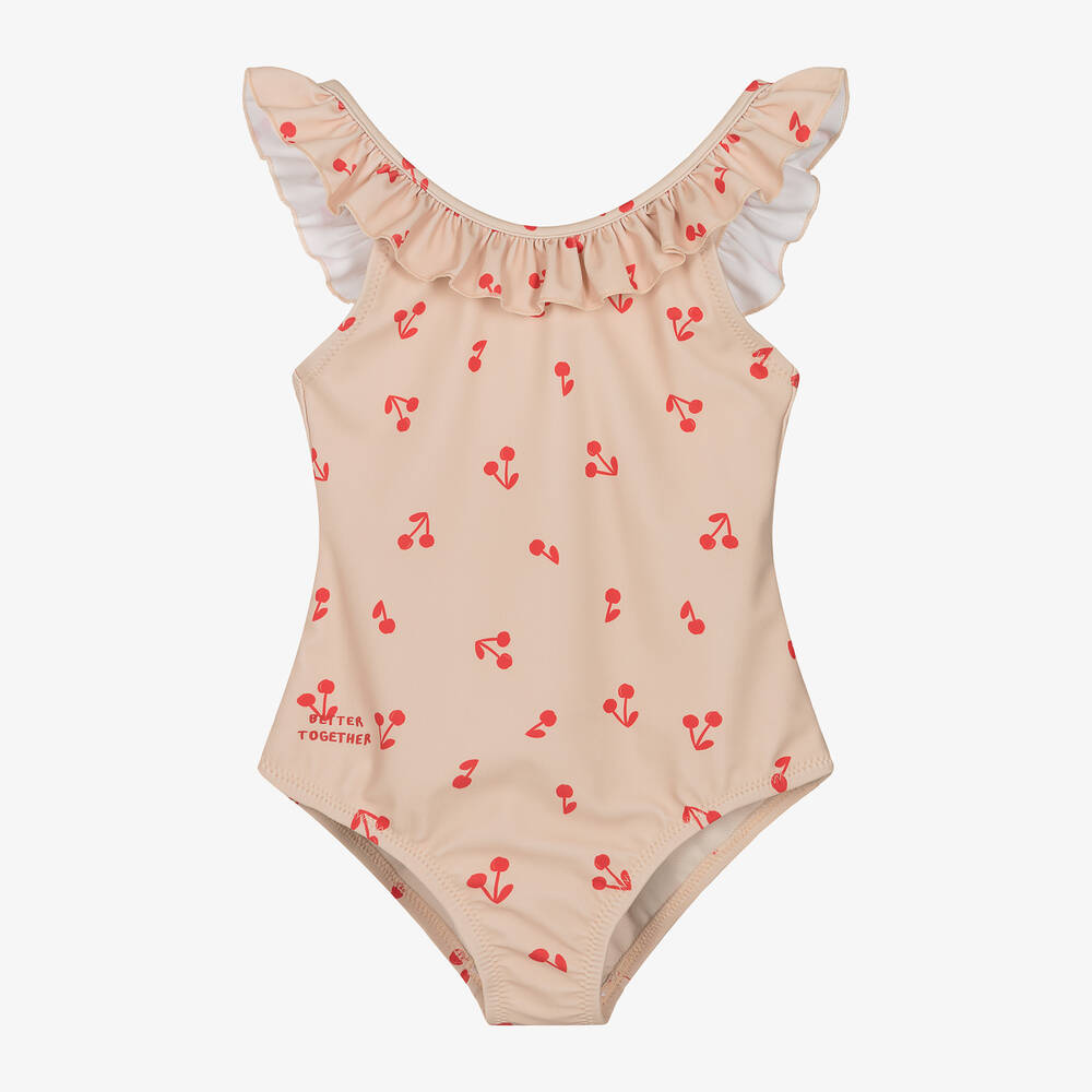 Liewood - Girls Pink Cherry Print Ruffle Swimsuit (UPF40+) | Childrensalon