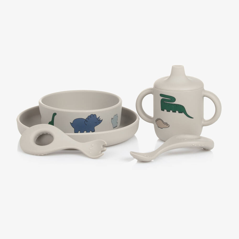 Liewood - Grey Dinosaur Tableware Set (5 Pieces) | Childrensalon