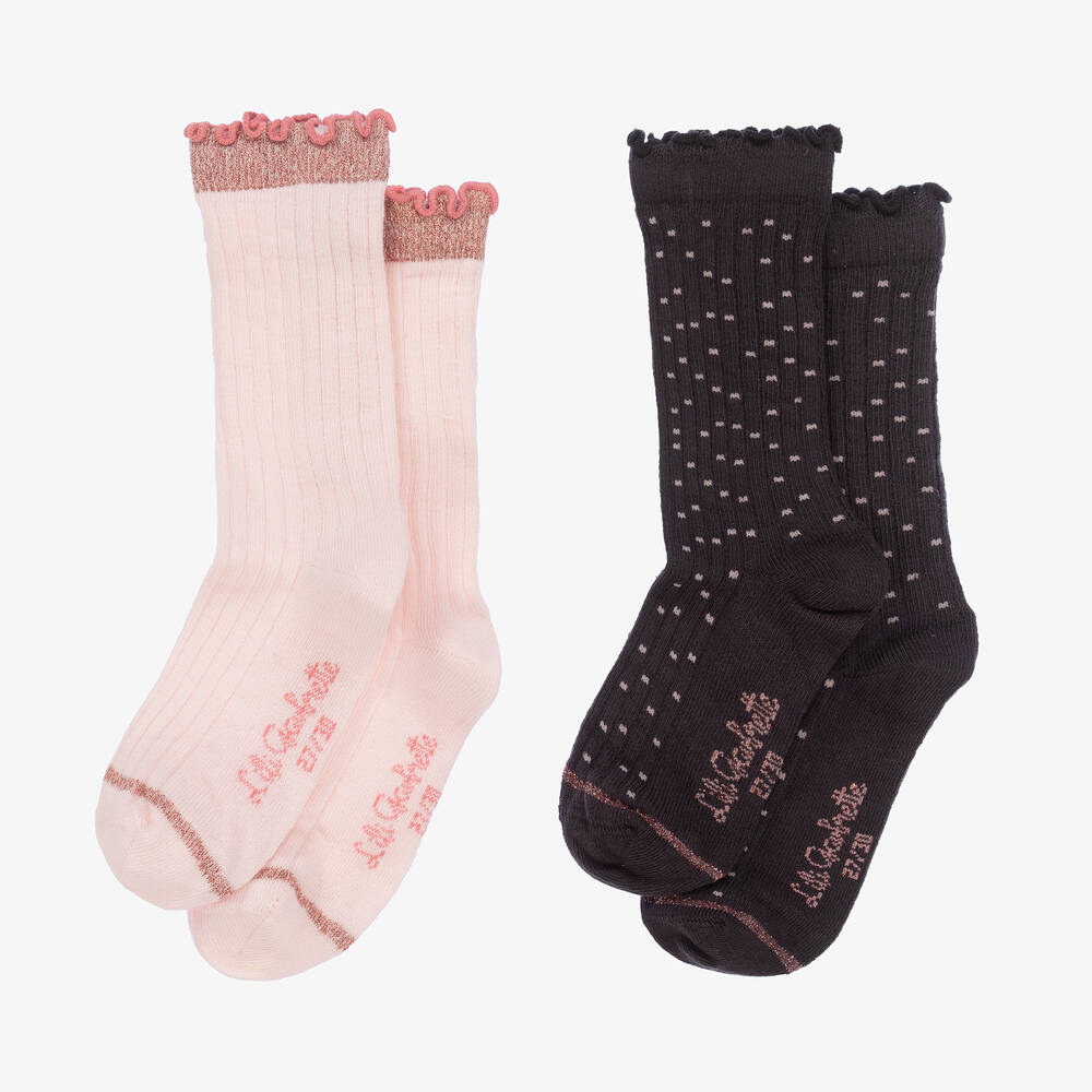Lili Gaufrette - Girls Grey & Pink Cotton Socks (2 Pack) | Childrensalon