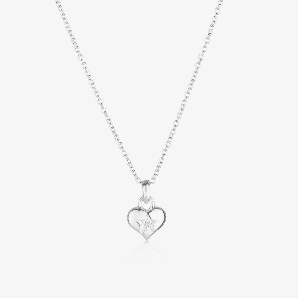 Little Star - Girls Sterling Silver Diamond Heart Necklace (38cm) | Childrensalon