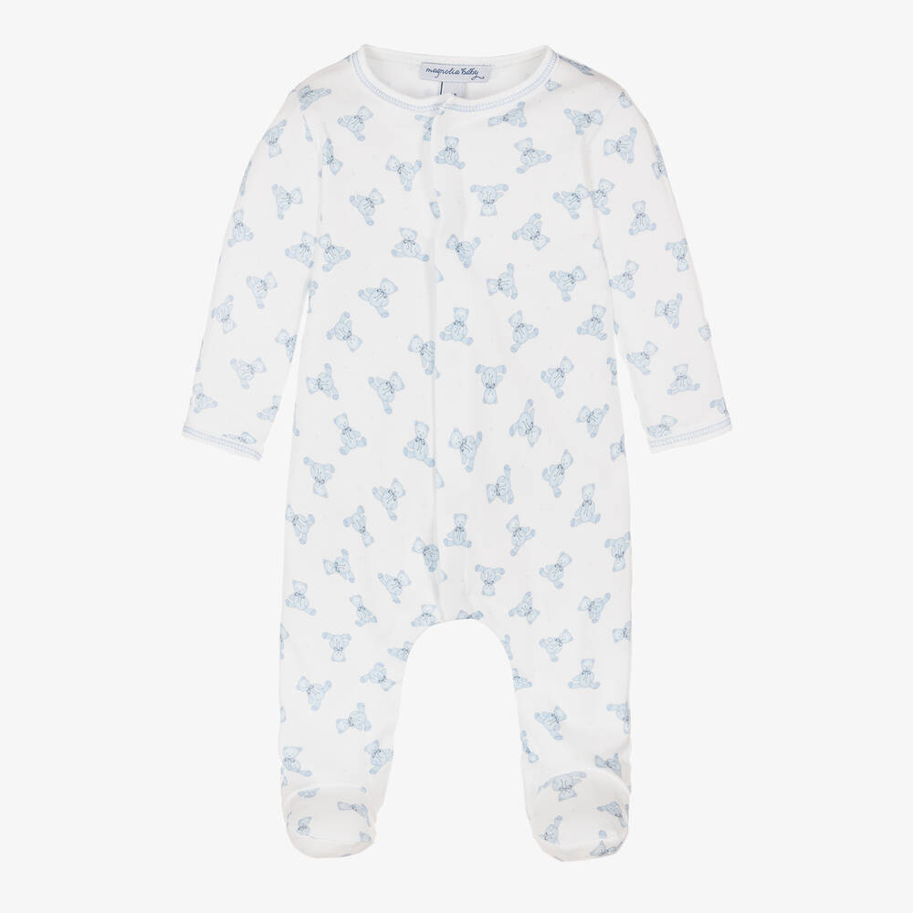 Magnolia Baby - Boys White & Blue Pima Cotton Babygrow | Childrensalon