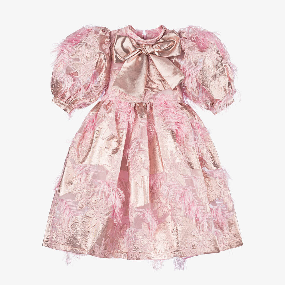 Mama Luma - Girls Metallic Pink Floral Jacquard Dress | Childrensalon