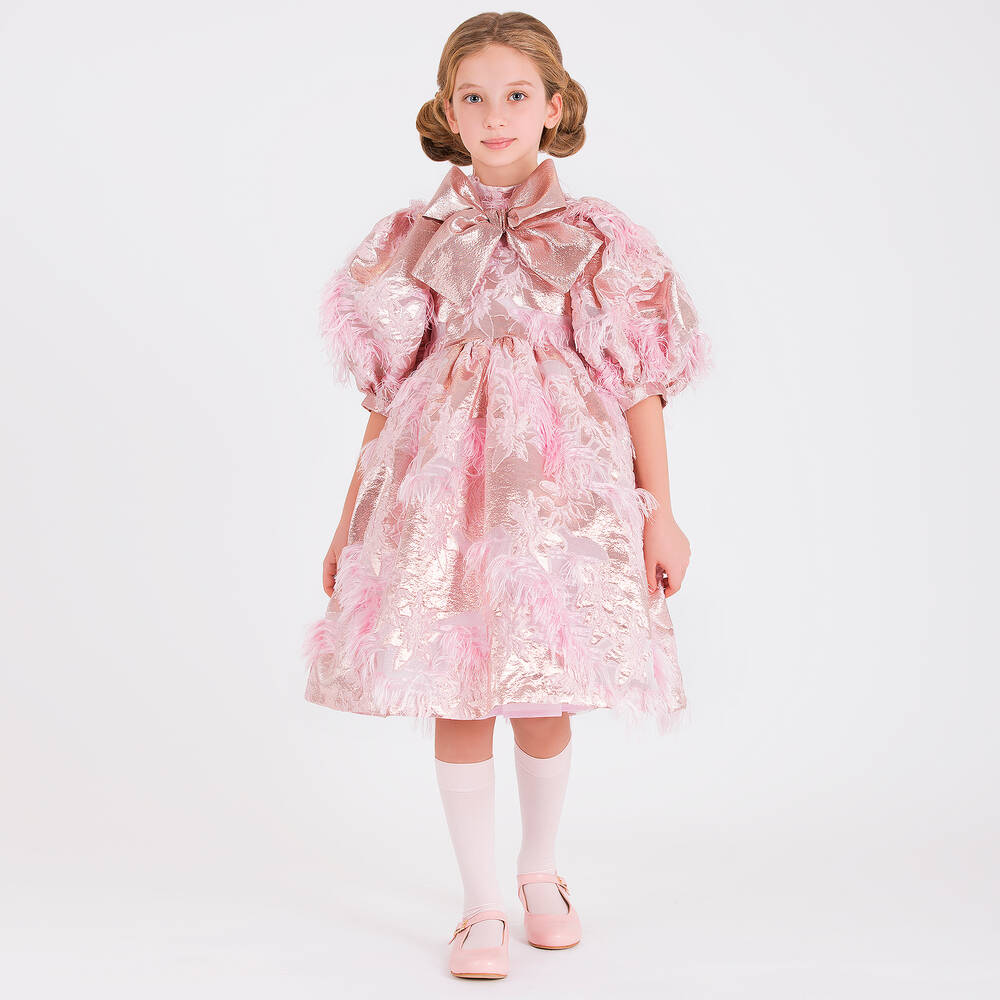 Mama Luma-Girls Metallic Pink Floral Jacquard Dress | Childrensalon