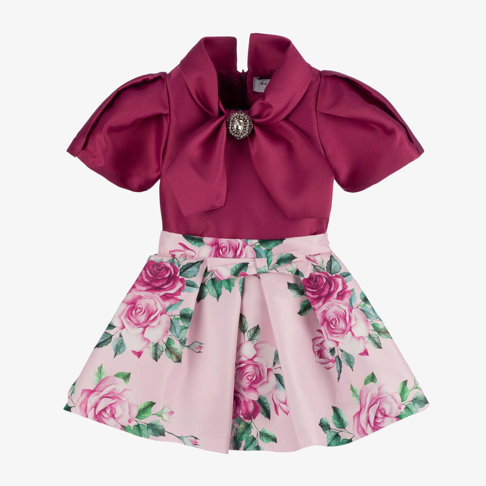 Mama Luma - Girls Pink Flower Print Satin Skirt Set | Childrensalon