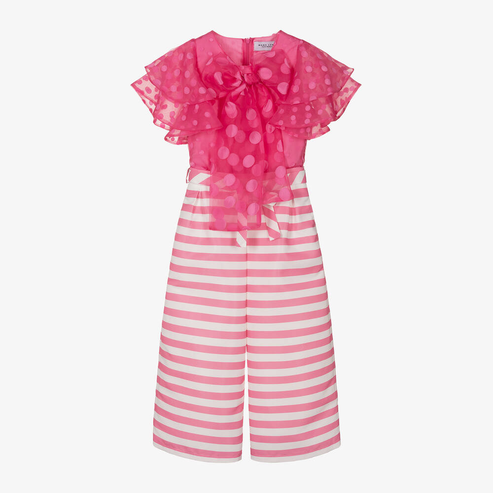 Mama Luma - Girls Pink Polkadot & Stripe Trouser Set | Childrensalon