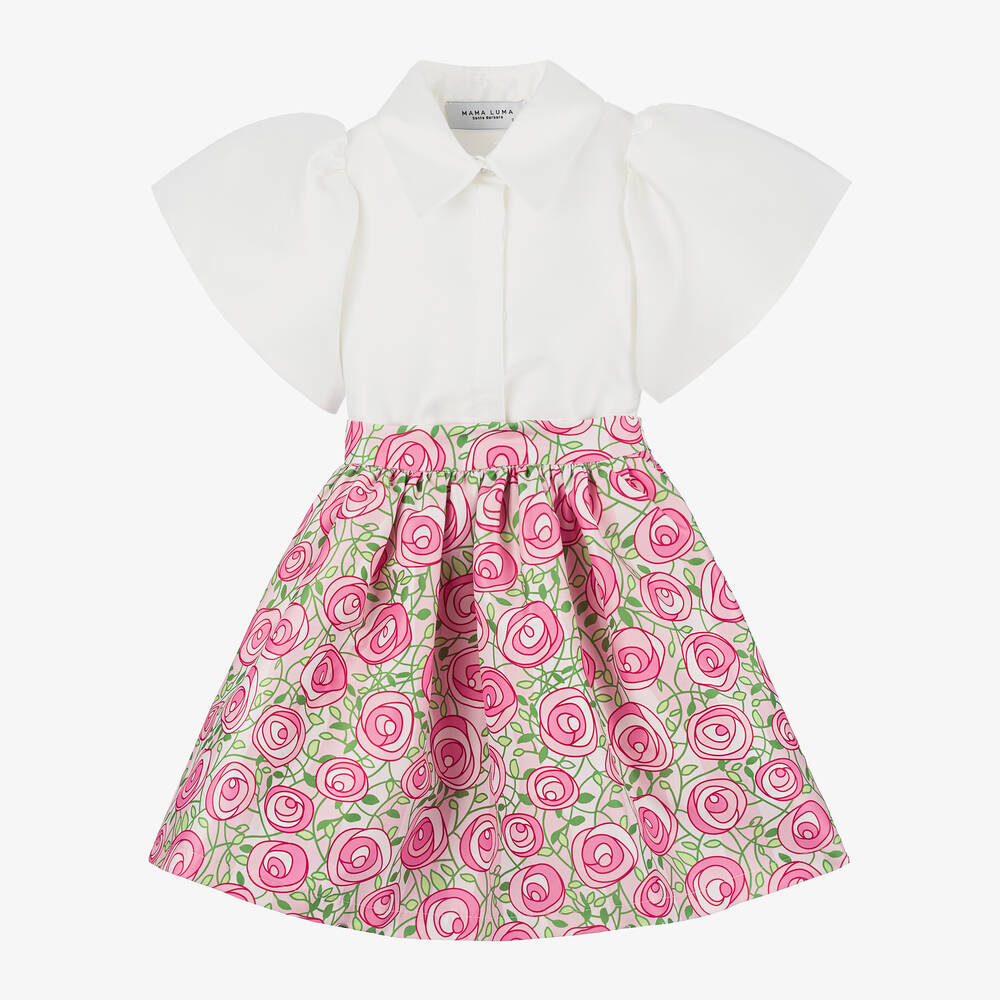 Mama Luma - طقم تنورة بطبعة ورود لون أبيض وزهري  | Childrensalon