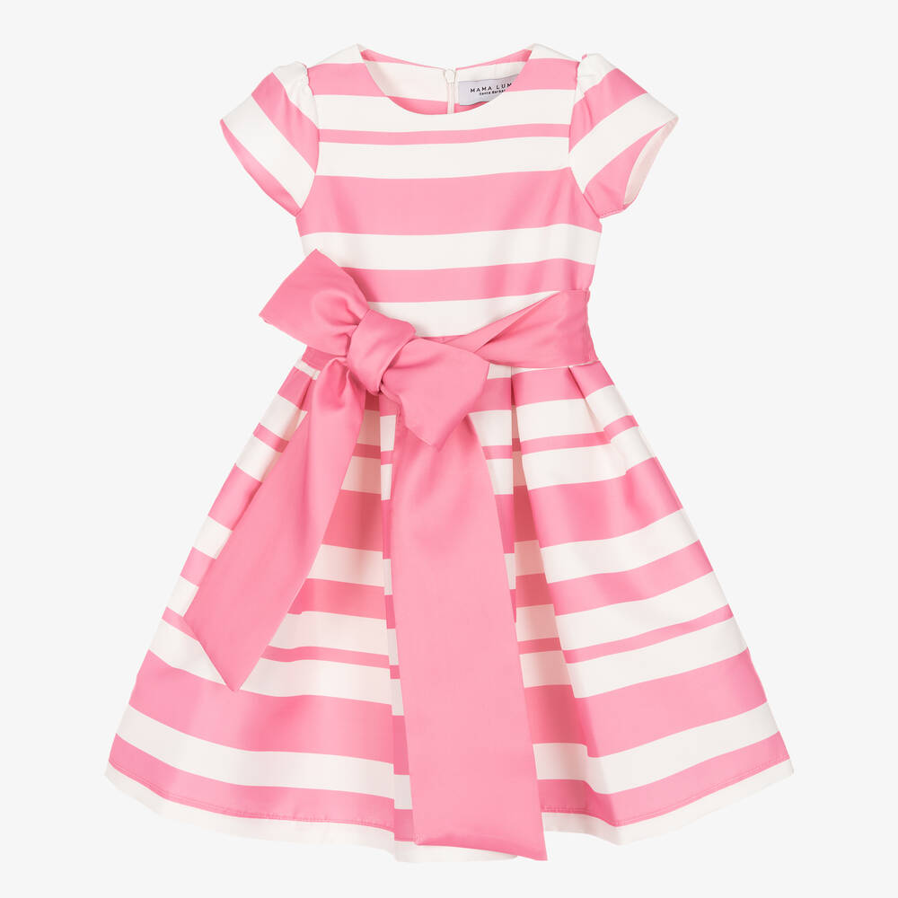 Mama Luma - Girls Pink & White Striped Satin Dress | Childrensalon