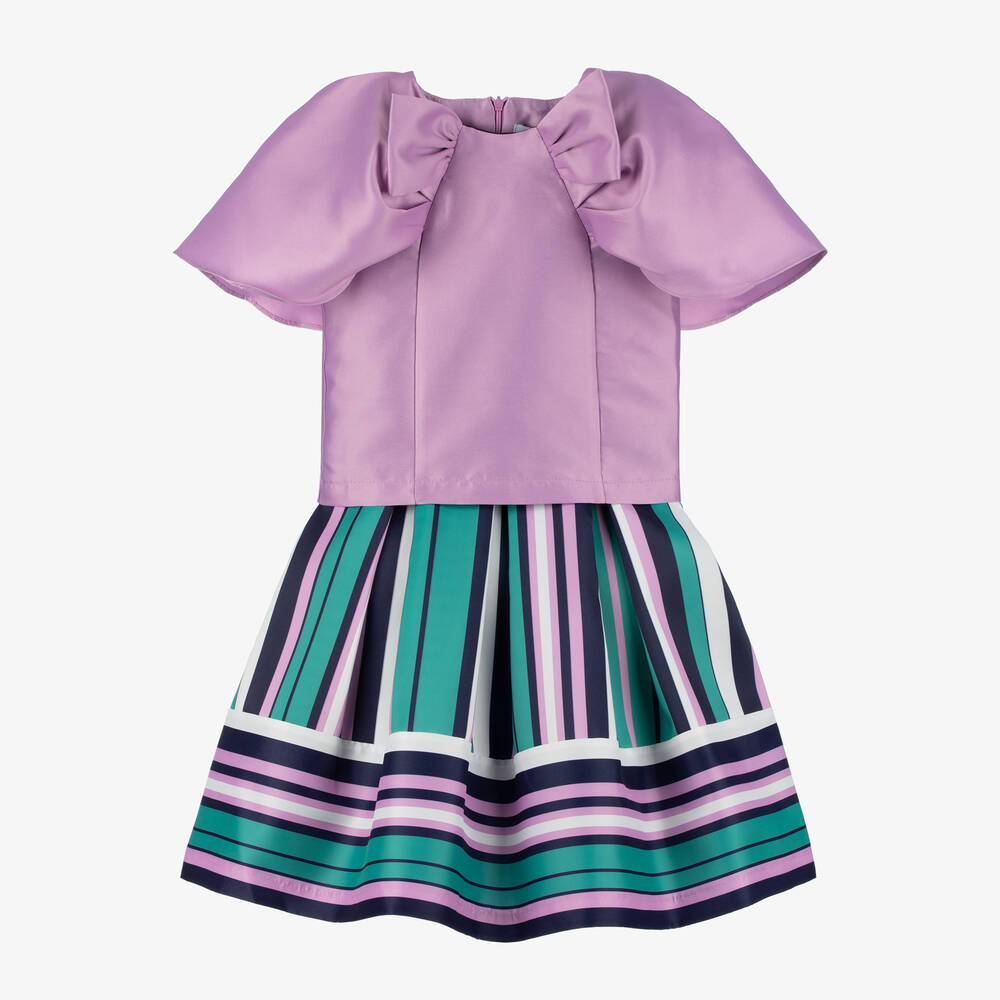 Mama Luma - Girls Purple Striped Satin Skirt Set | Childrensalon