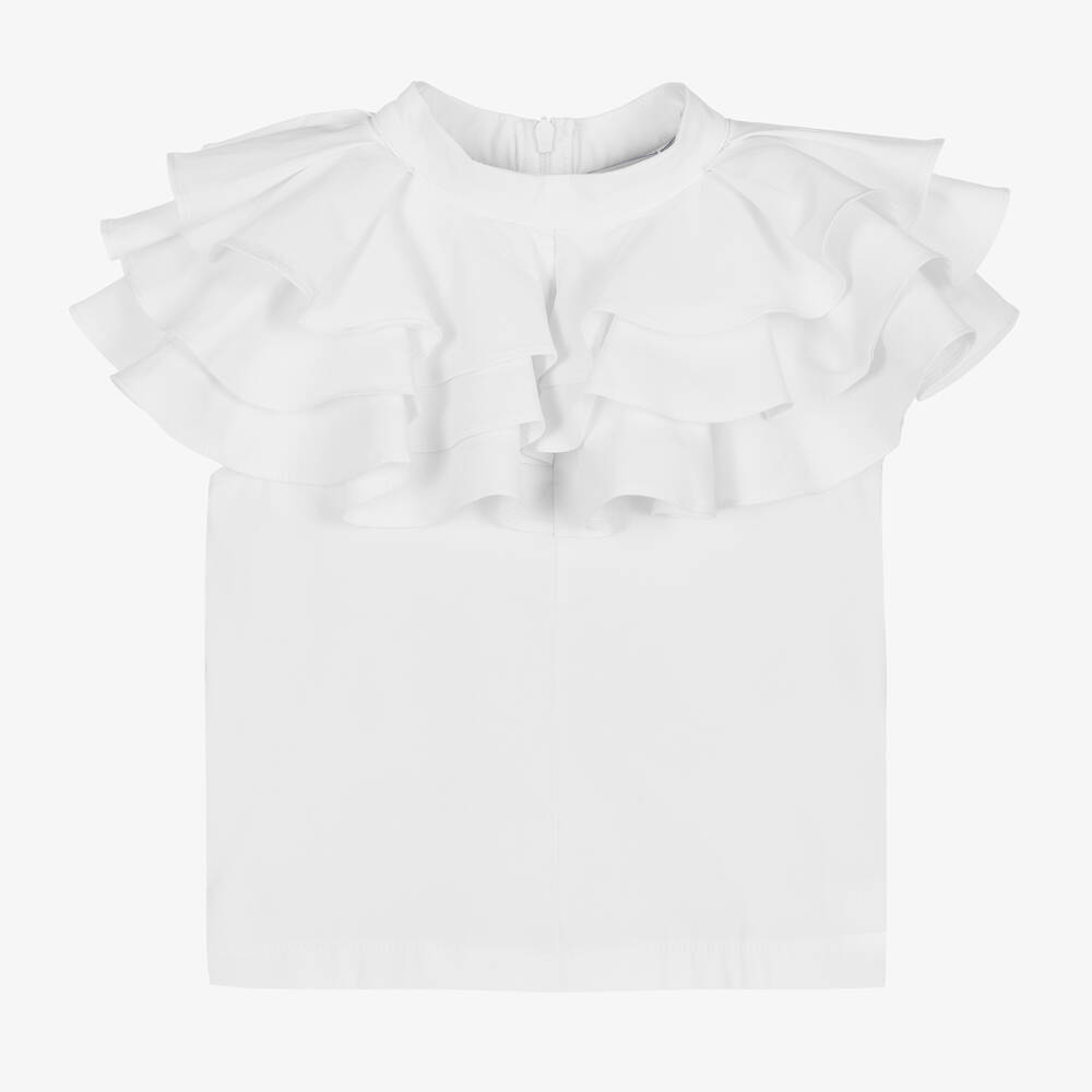Mama Luma - Белая хлопковая блузка с рюшами на воротнике для девочек | Childrensalon