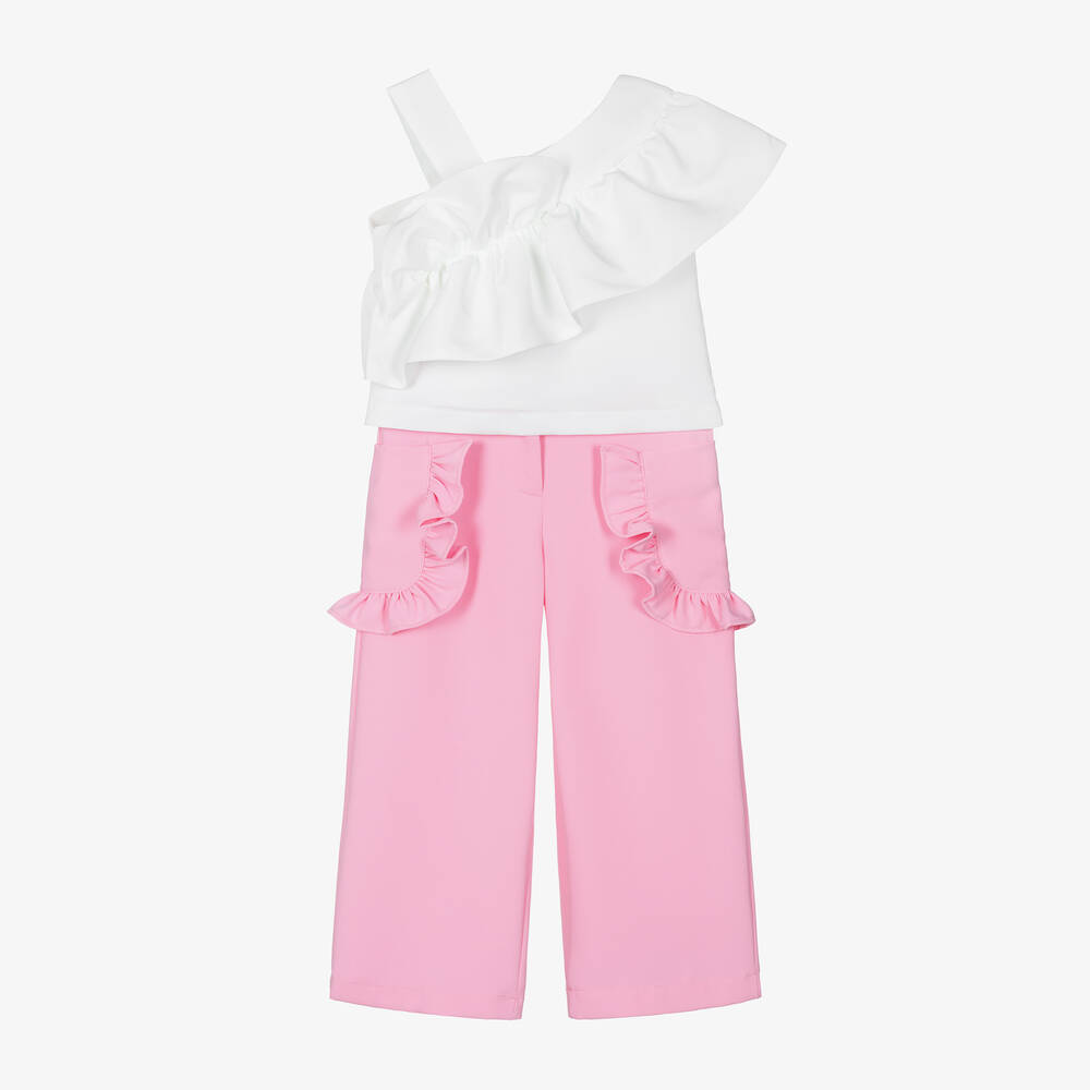 Mama Luma - Girls White & Pink Ruffle Trouser Set | Childrensalon