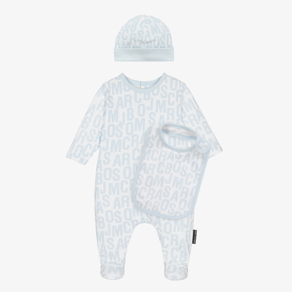 MARC JACOBS - Boys Blue Cotton Jumbled Logo Babysuit Set | Childrensalon