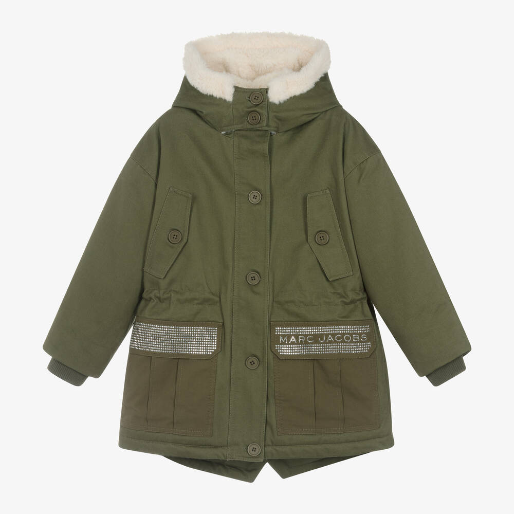 MARC JACOBS - Girls Green Cotton & Faux Fur Parka Coat | Childrensalon