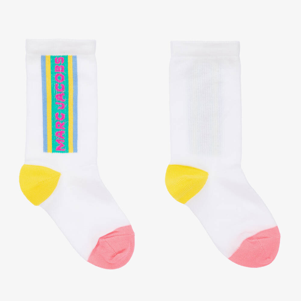 MARC JACOBS - Girls White Cotton Logo Stripe Socks | Childrensalon