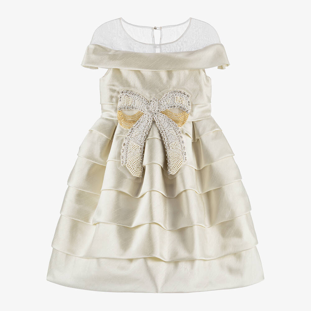 Marchesa Kids Couture - فستان ساتان وحرير لون ذهبي مزين بفيونكة وخرز | Childrensalon
