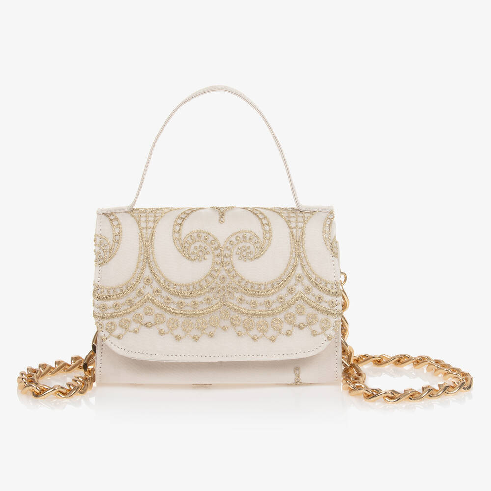 Marchesa Kids Couture - Girls Ivory & Gold Embroidered Bag (17cm) | Childrensalon