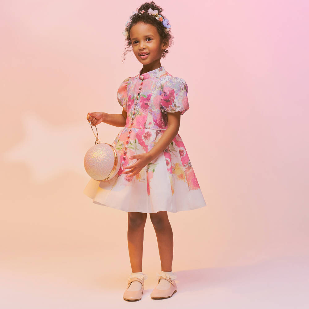Marchesa Kids Couture-فستان مزيج قطن لون زهري وعاجي بطبعة ورود | Childrensalon