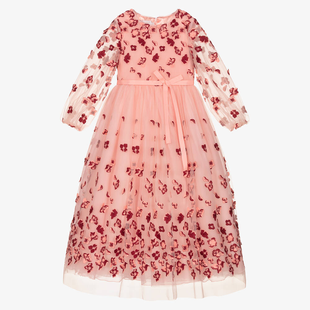 Marchesa Couture Kids' Girls Pink & Red Floral Tulle Dress