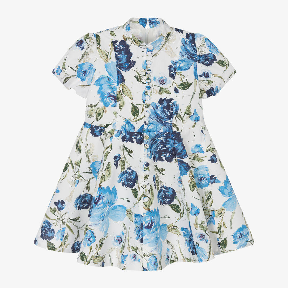 Marchesa Kids Couture - فستان قطن لون أبيض وأزرق بطبعة ورود | Childrensalon