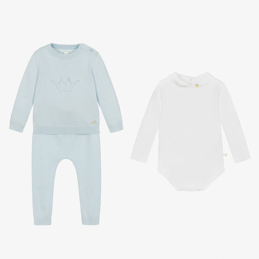Marie-Chantal - Baby Boys Blue Cotton Knit Trouser Set  | Childrensalon