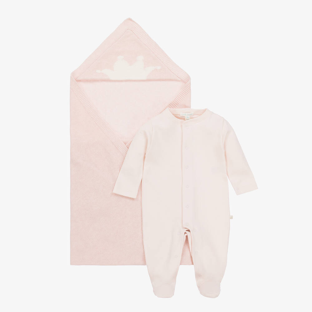 Marie-Chantal - Girls Pink Pima Cotton Babysuit Set  | Childrensalon